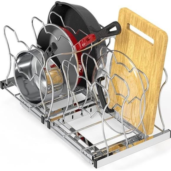 Organizer Pull Out Under Cabinet Sliding Shelf for Pantry Pan & Pot Lid, Silver - Picture 2 of 8